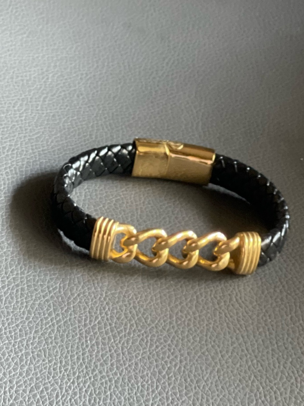 Black Braided Leather Bracelet with Gold Chain Accent
